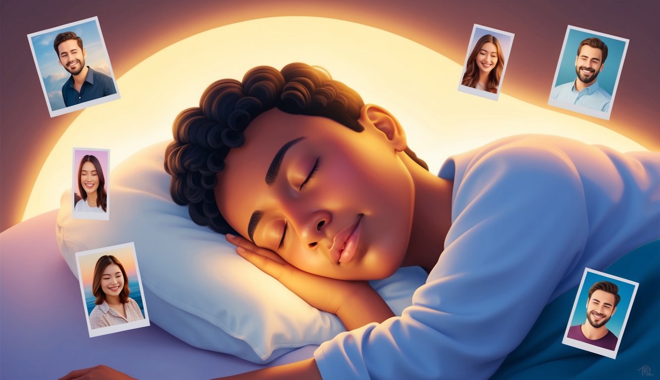 A person sleeping peacefully, with a serene expression, surrounded by a soft, warm glow and surrounded by images of the specific person they want to dream about