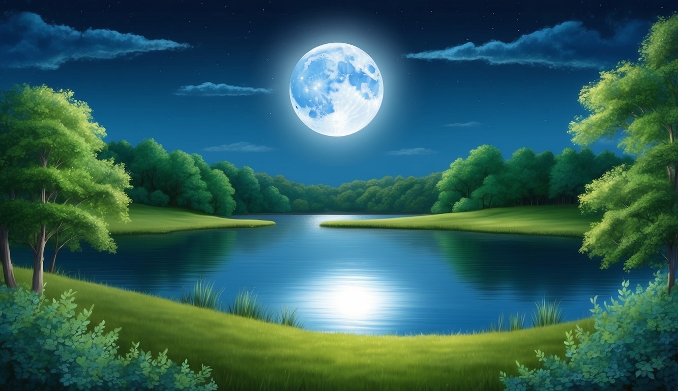 A serene night sky with a full moon casting a soft glow over a tranquil lake, surrounded by lush greenery and a gentle breeze