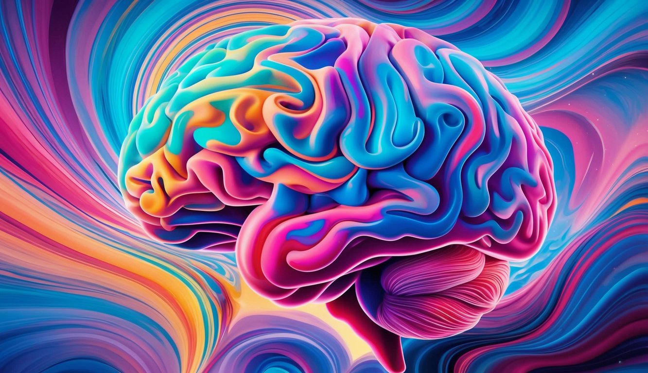 A colorful, abstract representation of swirling emotions merging with the intricate patterns of a dreaming brain