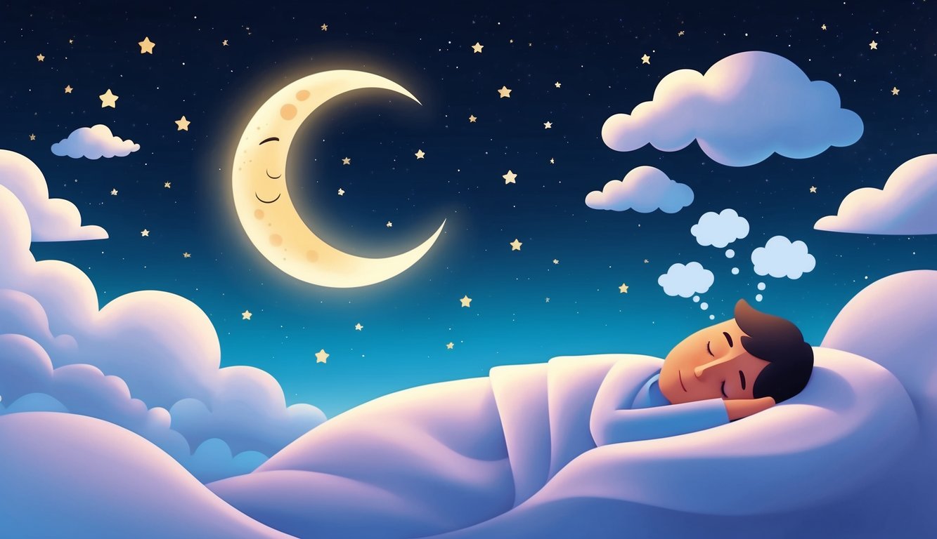 A peaceful night sky with a crescent moon and stars, surrounded by swirling clouds and a sleeping figure with thought bubbles above their head