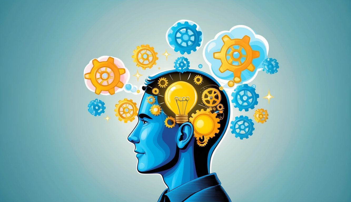 A person's head surrounded by colorful thought bubbles, with gears and lightbulbs inside, representing problem-solving and creativity during dreaming