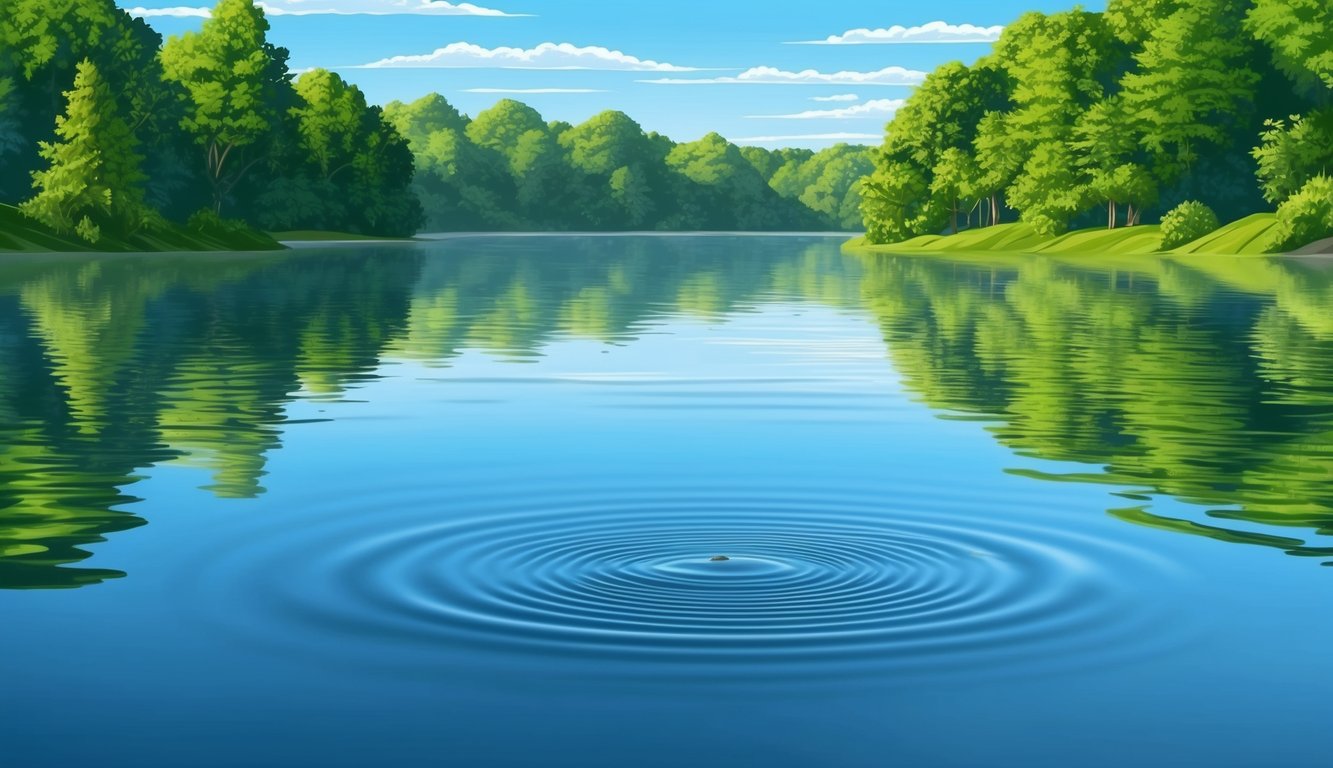 A serene lake surrounded by lush greenery reflects the clear blue sky, with ripples gently breaking the surface of the water