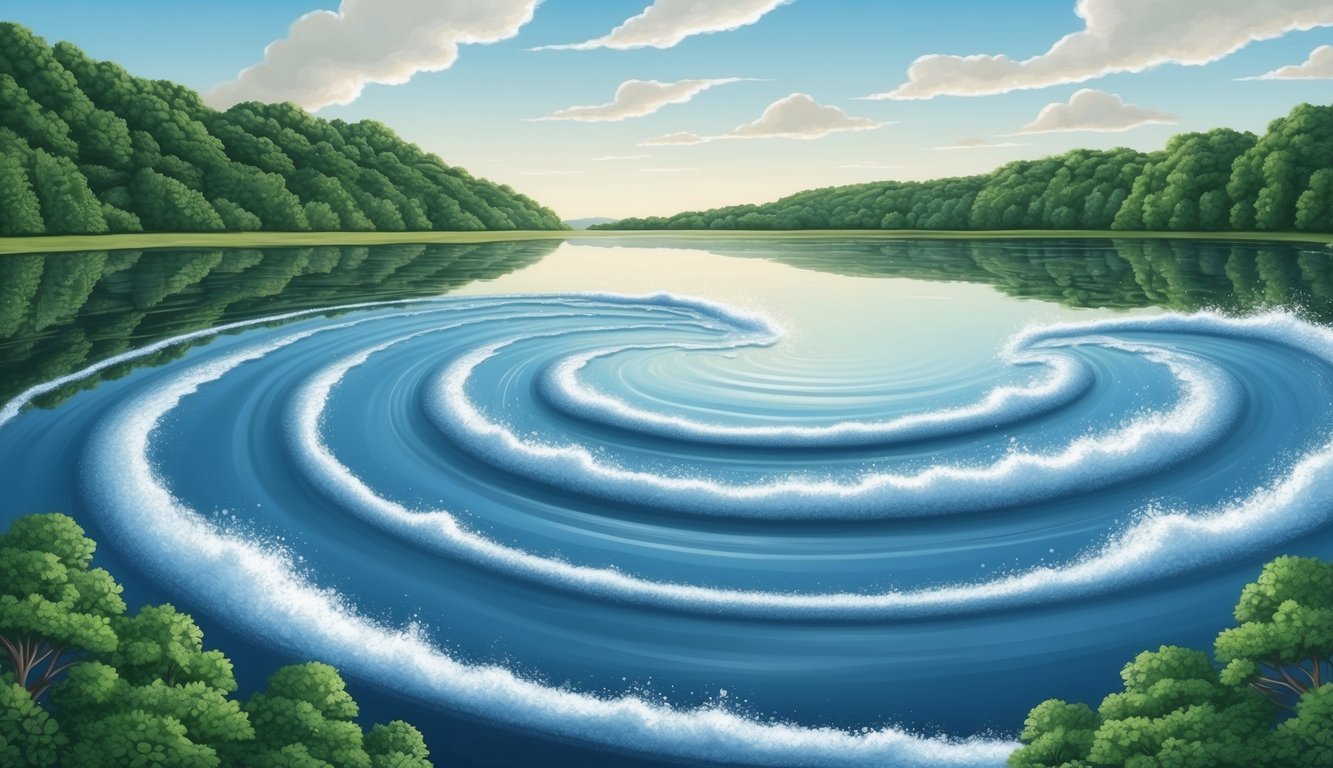 A serene lake reflects the sky, surrounded by lush greenery.</p><p>A gentle breeze ripples the water's surface, gradually building into swirling waves and foam