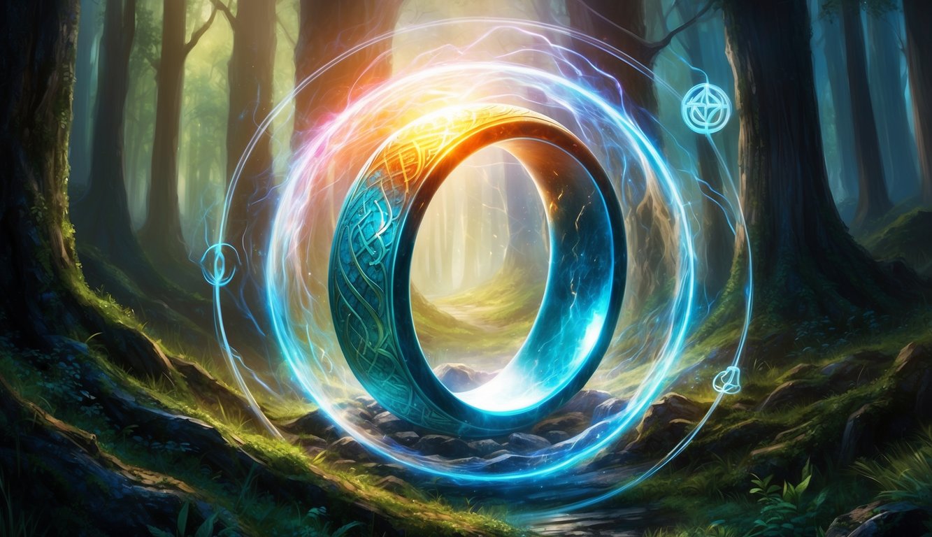 A glowing, ancient ring emerges from a mystical forest, surrounded by swirling energy and symbols