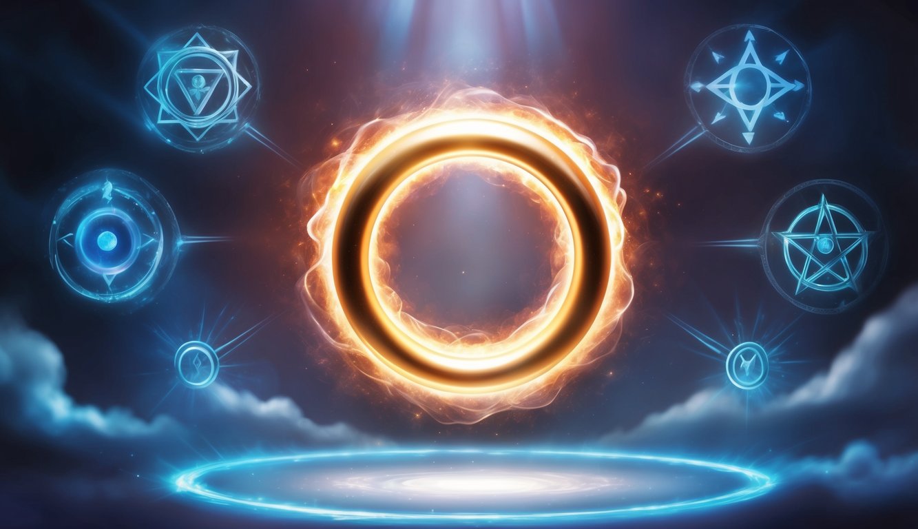 A glowing ring suspended in mid-air, surrounded by mystical symbols and emitting a powerful aura