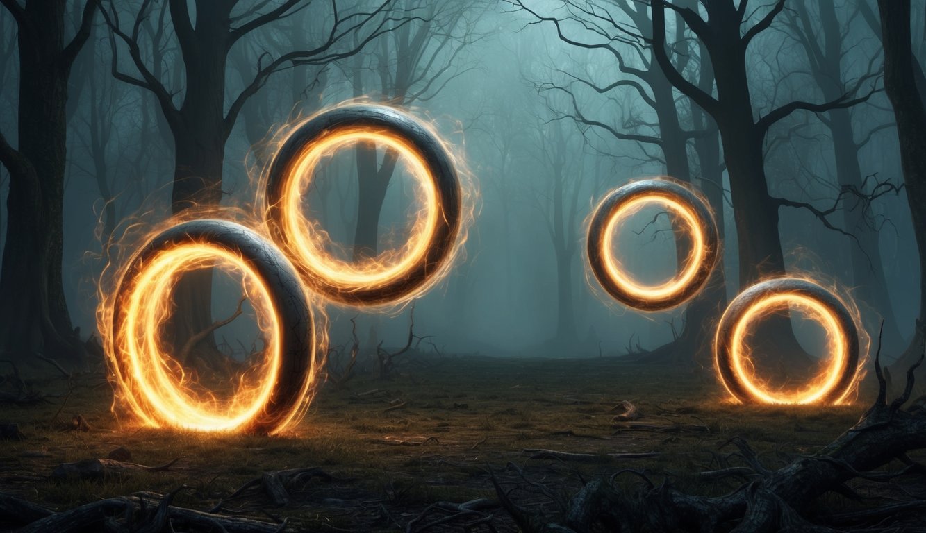 Sinister, glowing rings hover ominously in a dark, misty forest clearing.</p><p>Eerie energy emanates from the cursed and malevolent objects, casting an unsettling aura over the scene