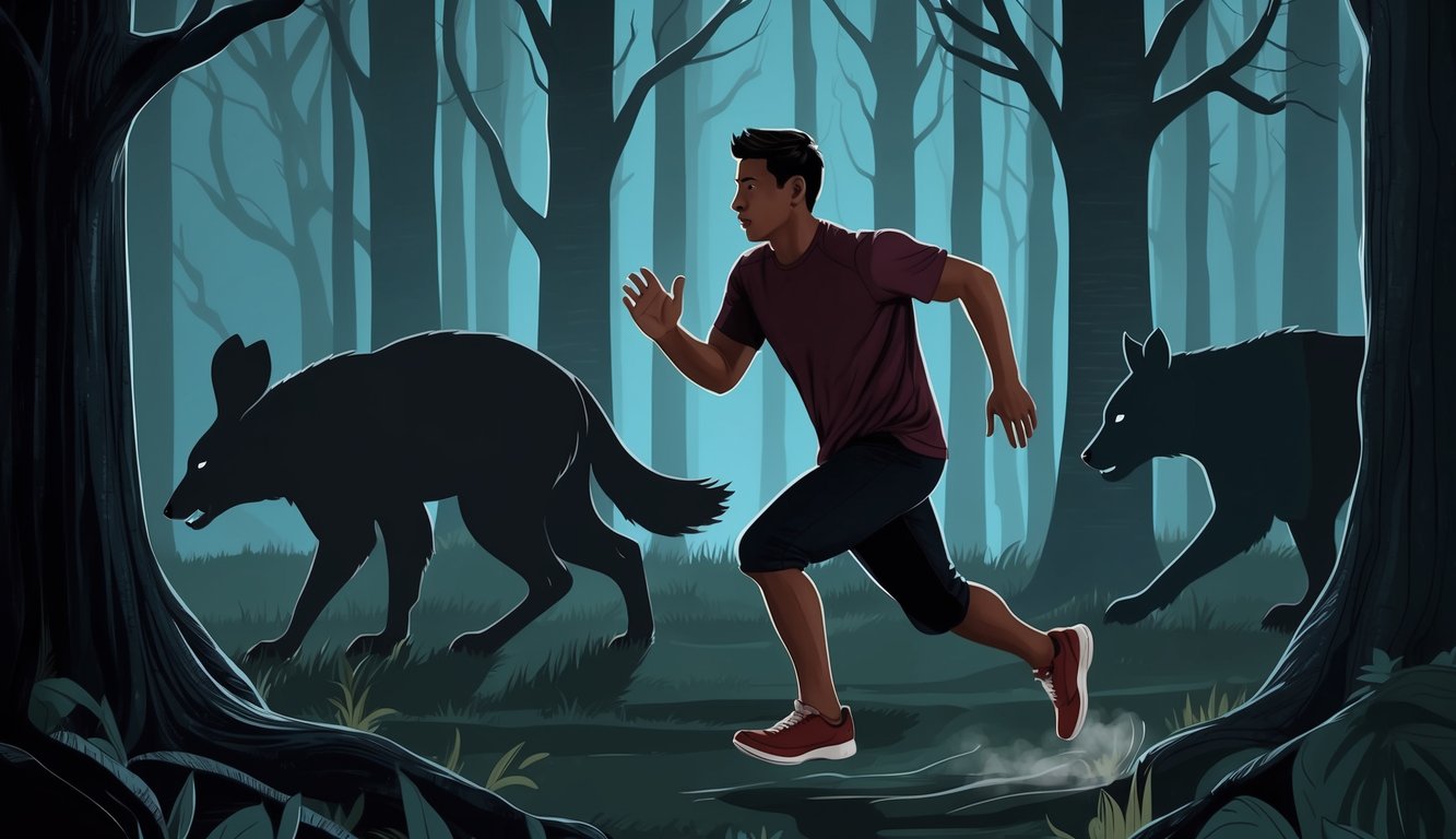 A person running through a dark forest with looming animal silhouettes in pursuit