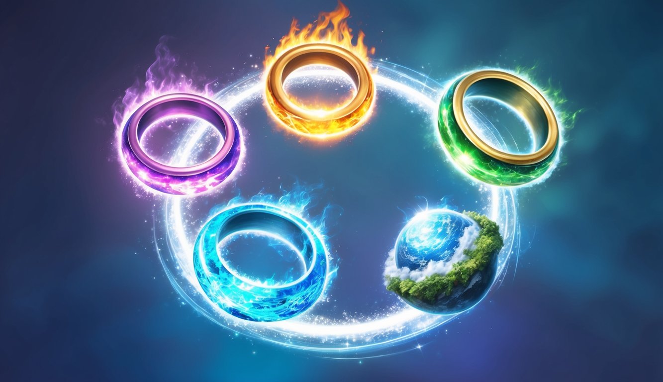 Four magic rings, each glowing with a different elemental power - fire, water, earth, and air - suspended in a circle of shimmering energy