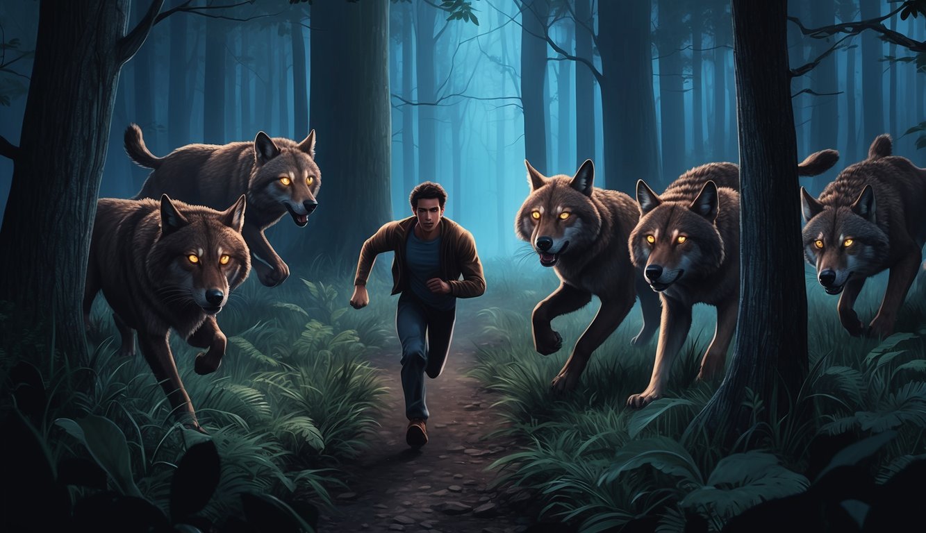 A figure running through a dense forest, pursued by a pack of wild animals, their eyes glowing in the darkness