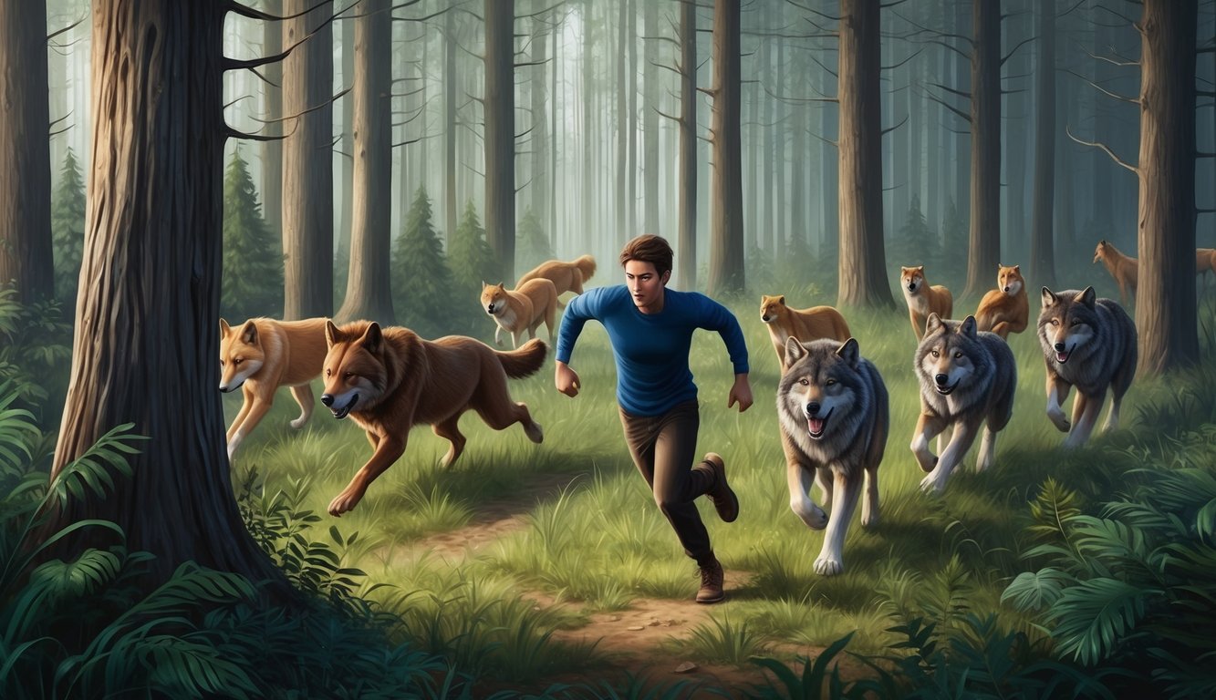 A person running through a dense forest, being pursued by a pack of wild animals