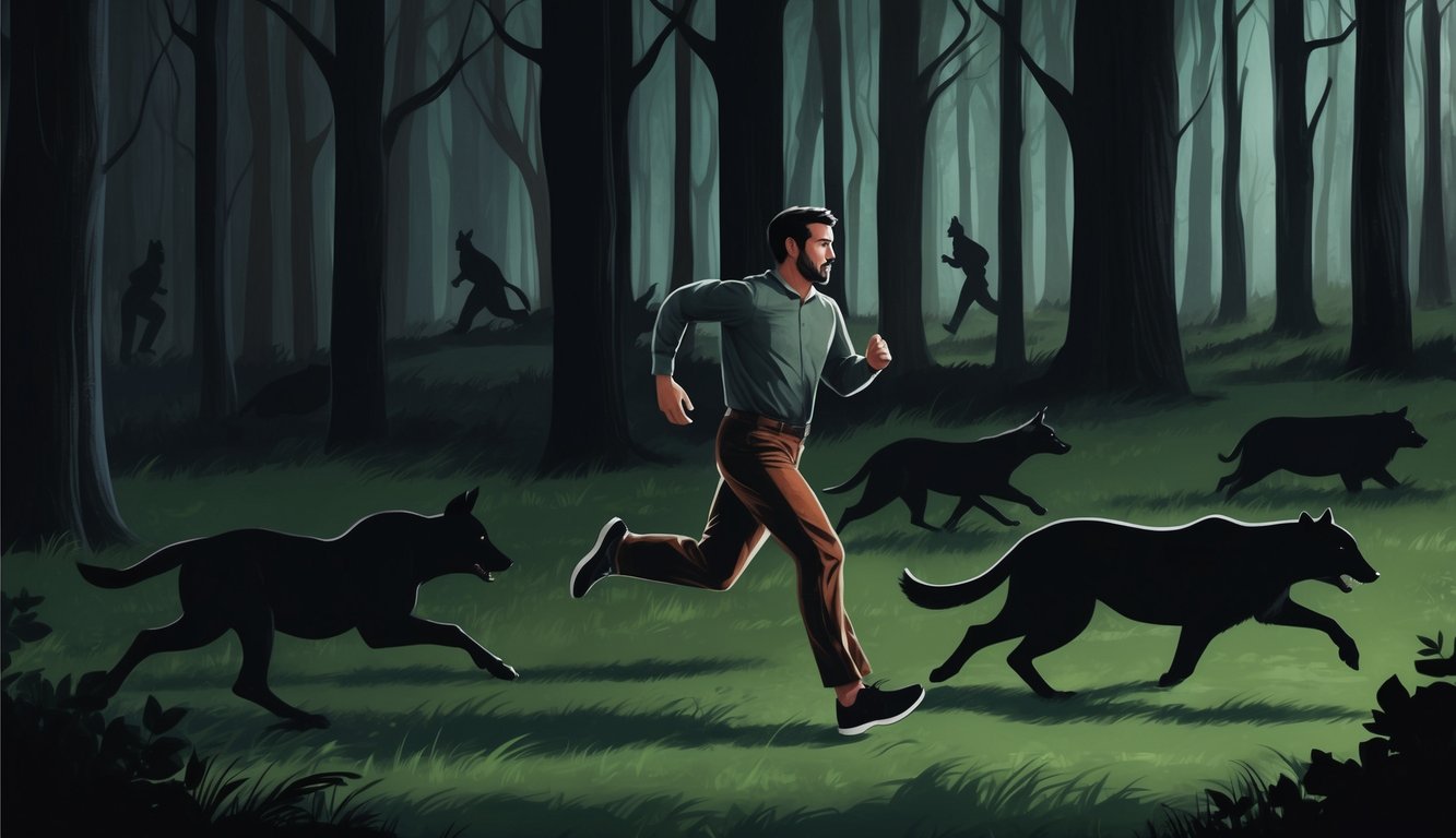 A person running through a dark forest, with shadowy animal figures in pursuit