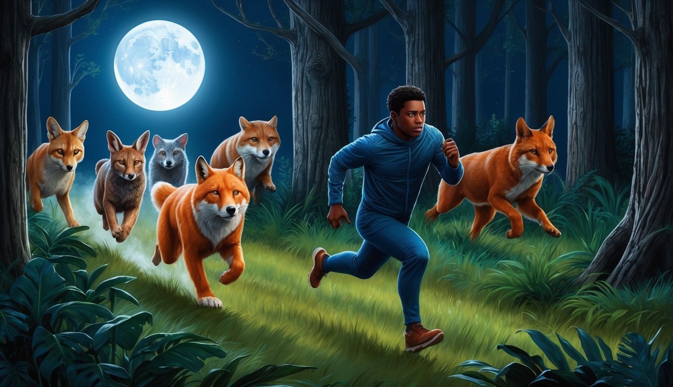 A figure running through a dense forest, with various animals in pursuit, their eyes gleaming in the moonlight