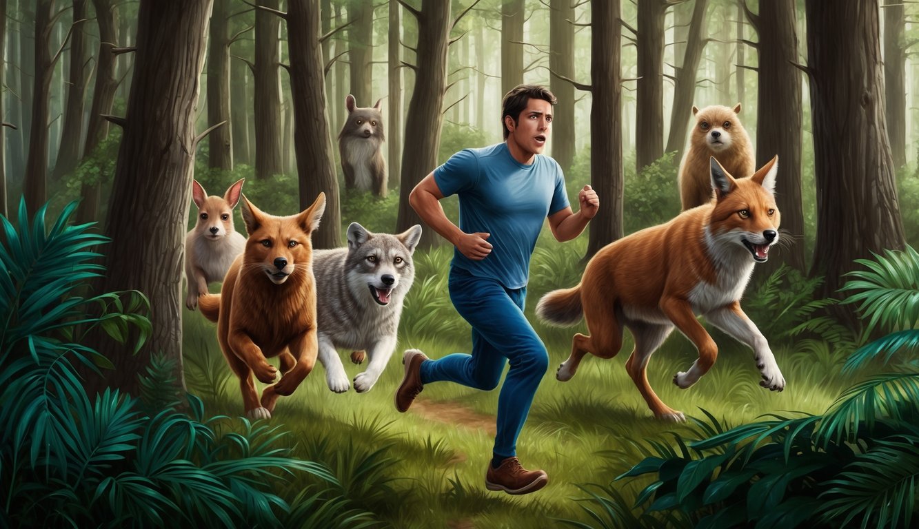 A person running through a dense forest, with various animals in pursuit, their eyes wide with fear