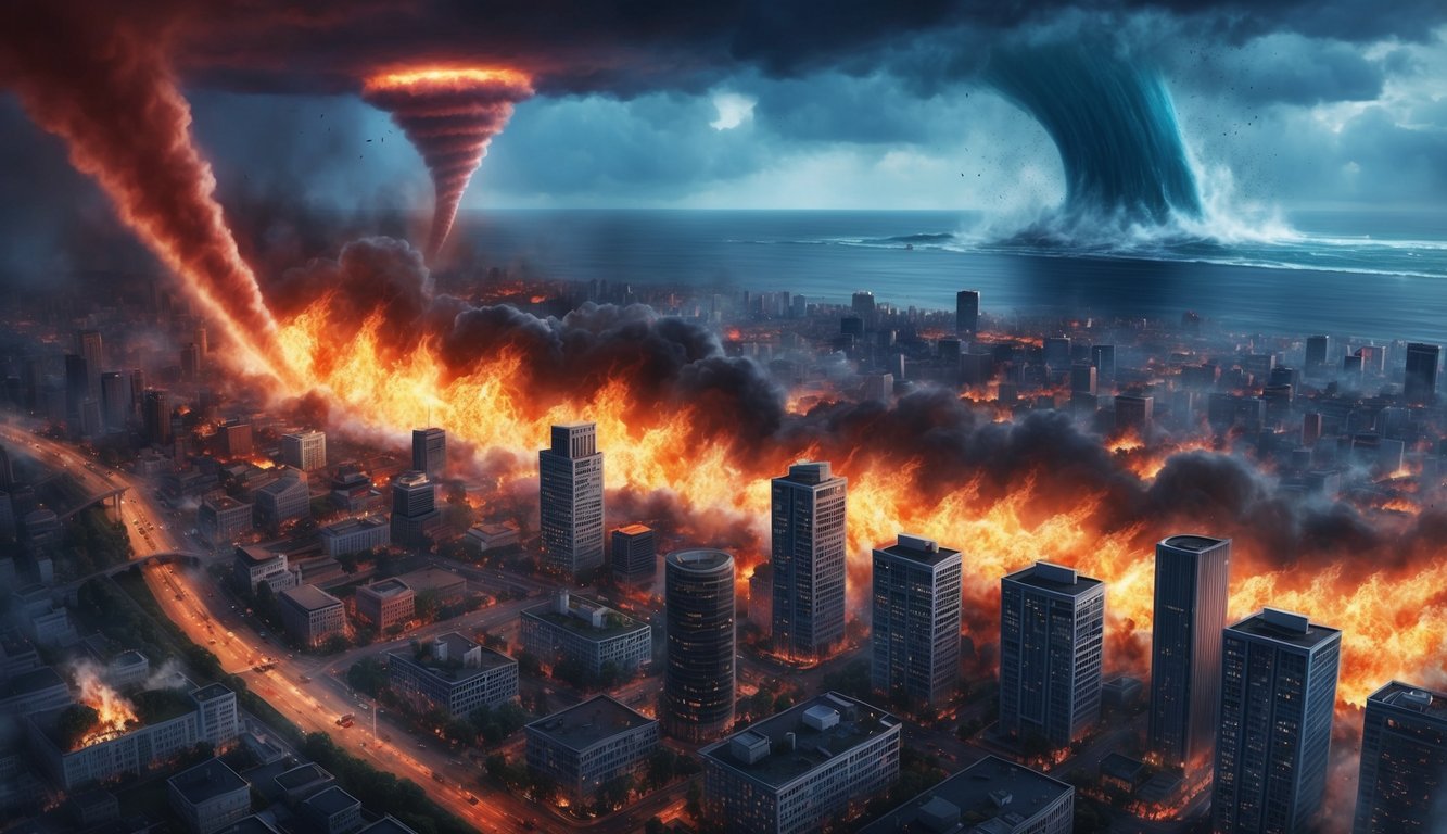 A city engulfed in flames as a tornado approaches, while a tsunami looms in the distance