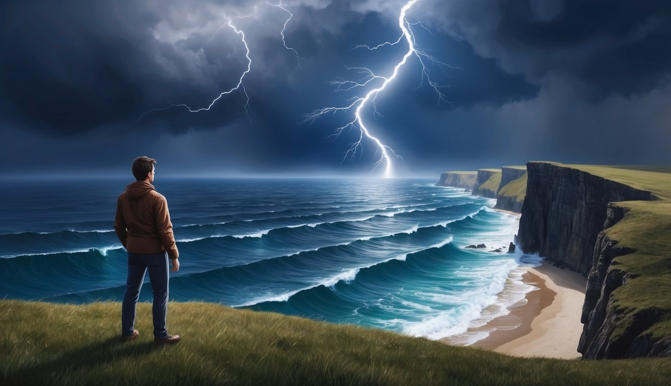 A person standing on a cliff, looking out at a stormy sea with lightning striking the water and dark clouds looming overhead