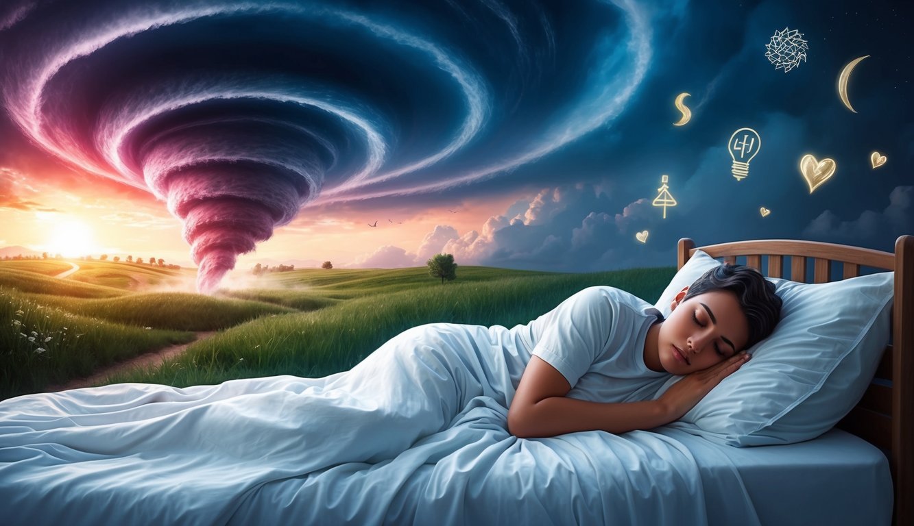 A person sleeping peacefully as a tornado swirls in the background, with symbols of hope and strength scattered throughout the dream landscape