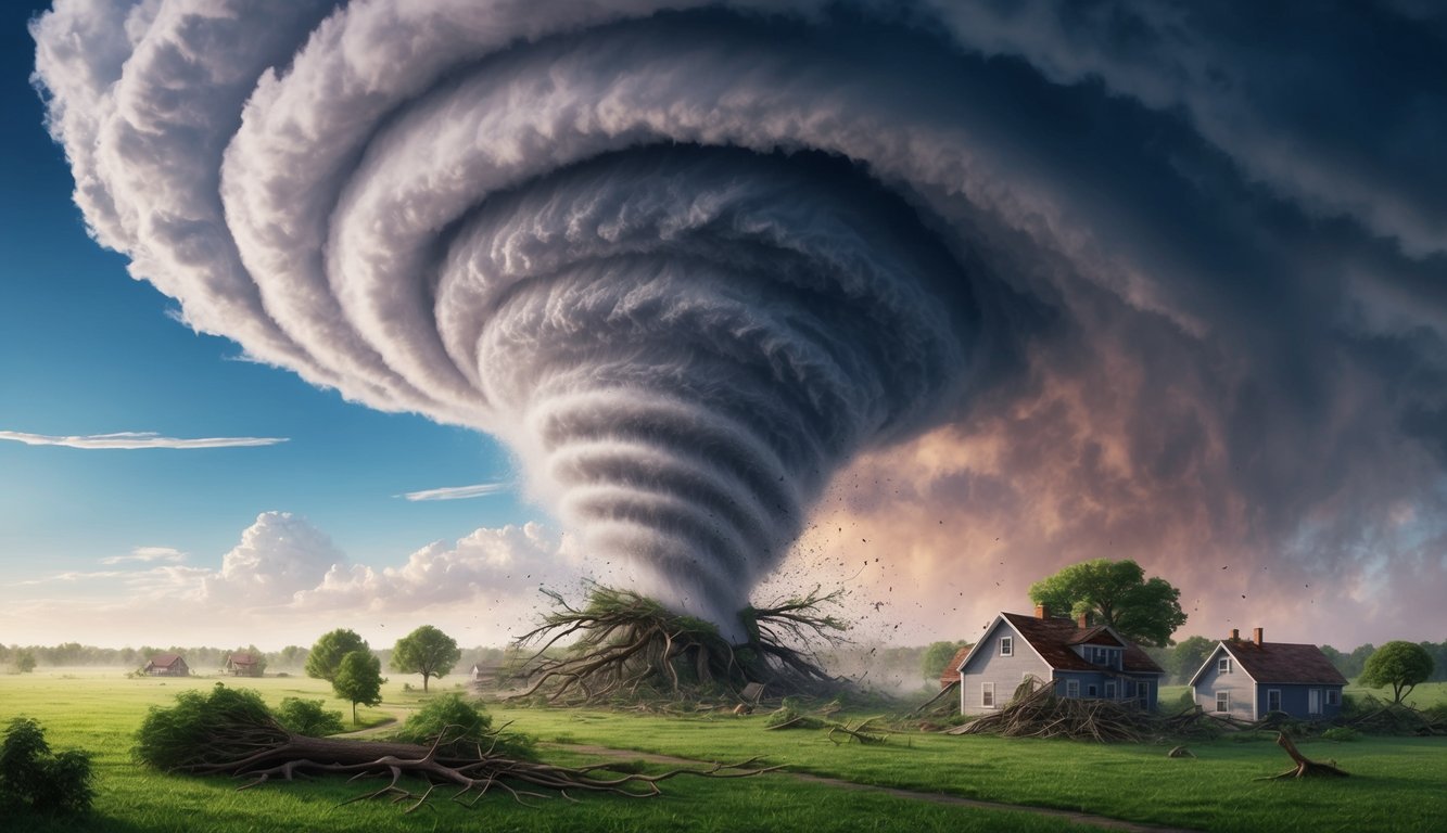 A dream of a massive tornado tearing through a peaceful countryside, with trees uprooted and houses destroyed, symbolizing inner turmoil and chaos