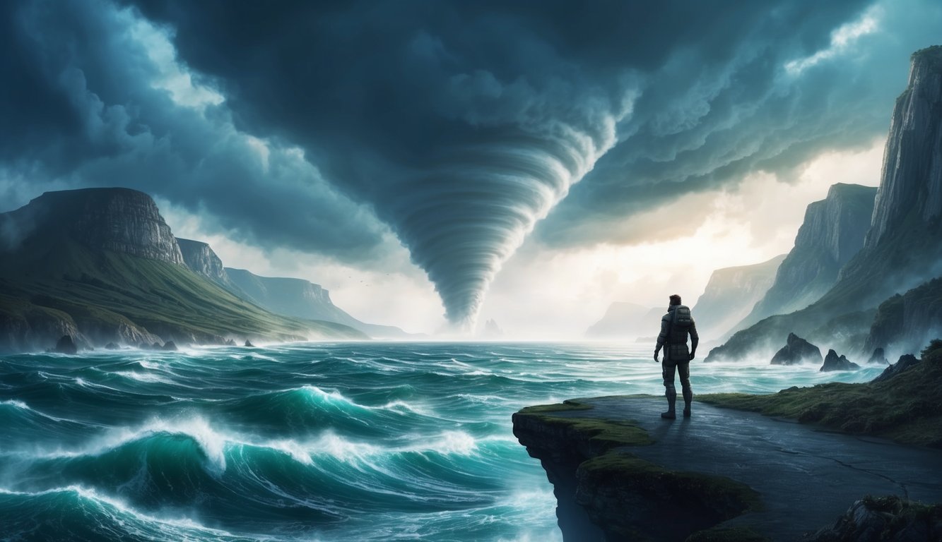 A lone figure stands on a cliff, gazing at a turbulent sea and a stormy sky, surrounded by towering mountains and a swirling tornado in the distance