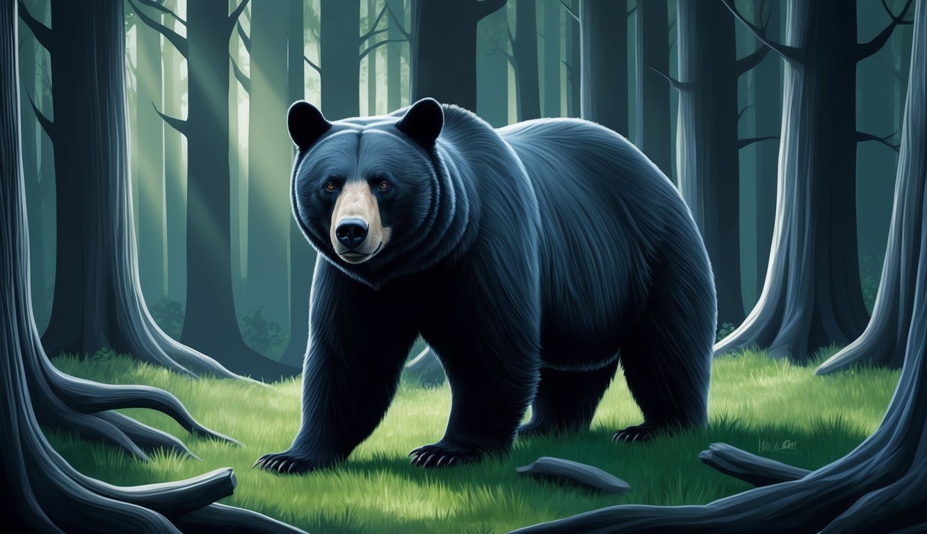 A black bear stands in a dense forest, its eyes reflecting a mix of curiosity and caution.</p><p>The surrounding trees cast long shadows, adding a sense of mystery to the dream-like scene