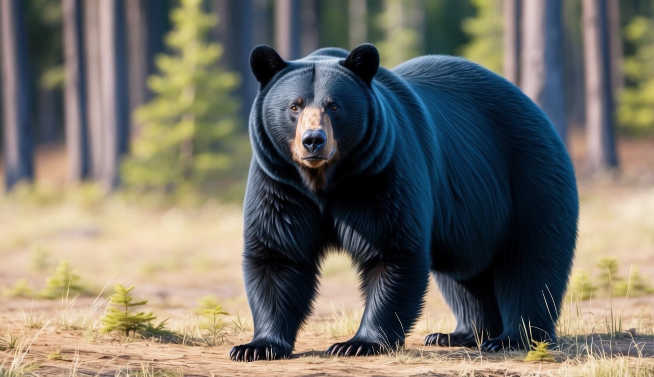 A black bear standing in a forest clearing, its fur glistening in the sunlight as it stares directly at the viewer with a sense of calm and strength