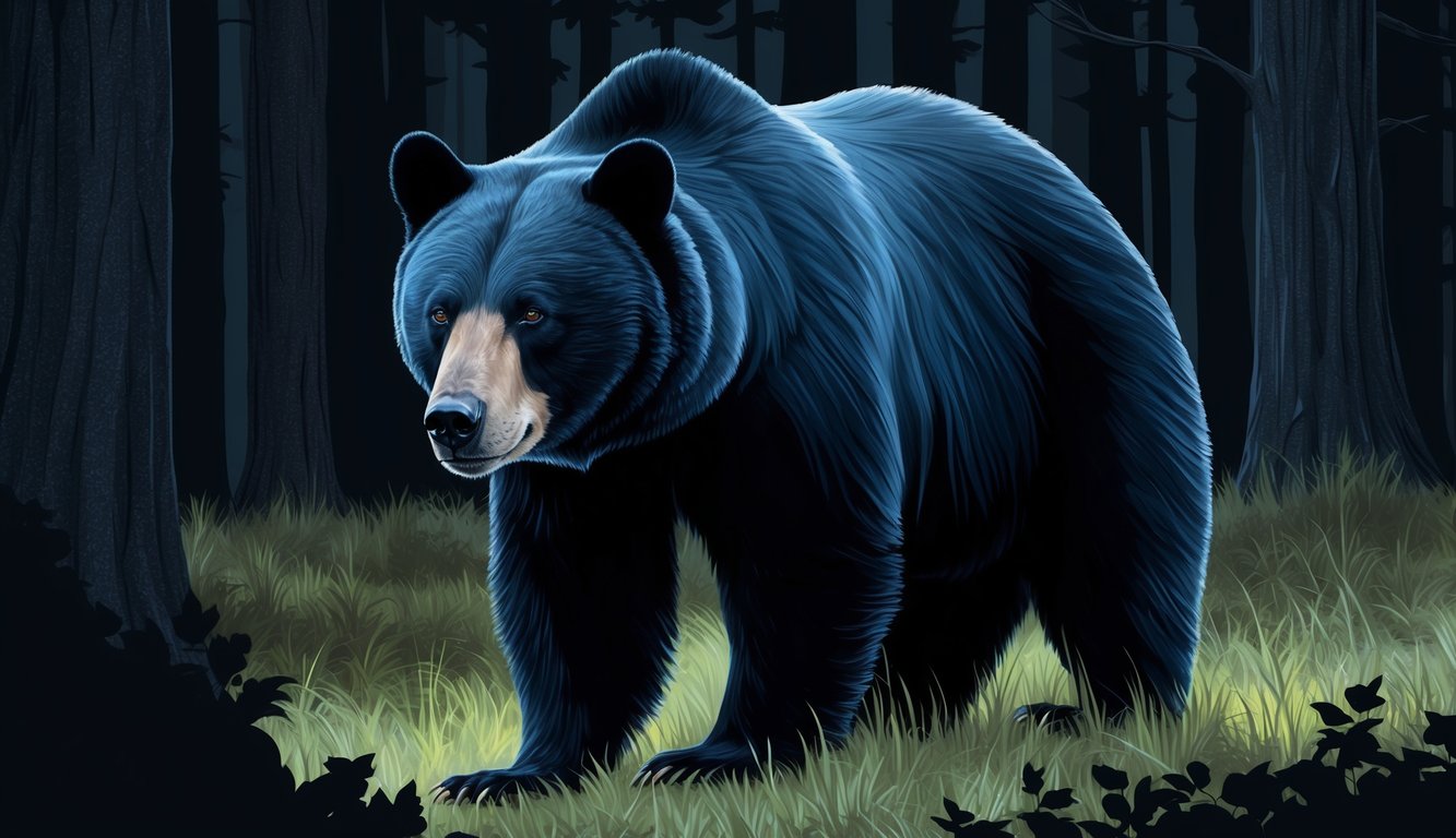 A black bear standing in a dark forest, its eyes piercing through the shadows, conveying a sense of power and mystery