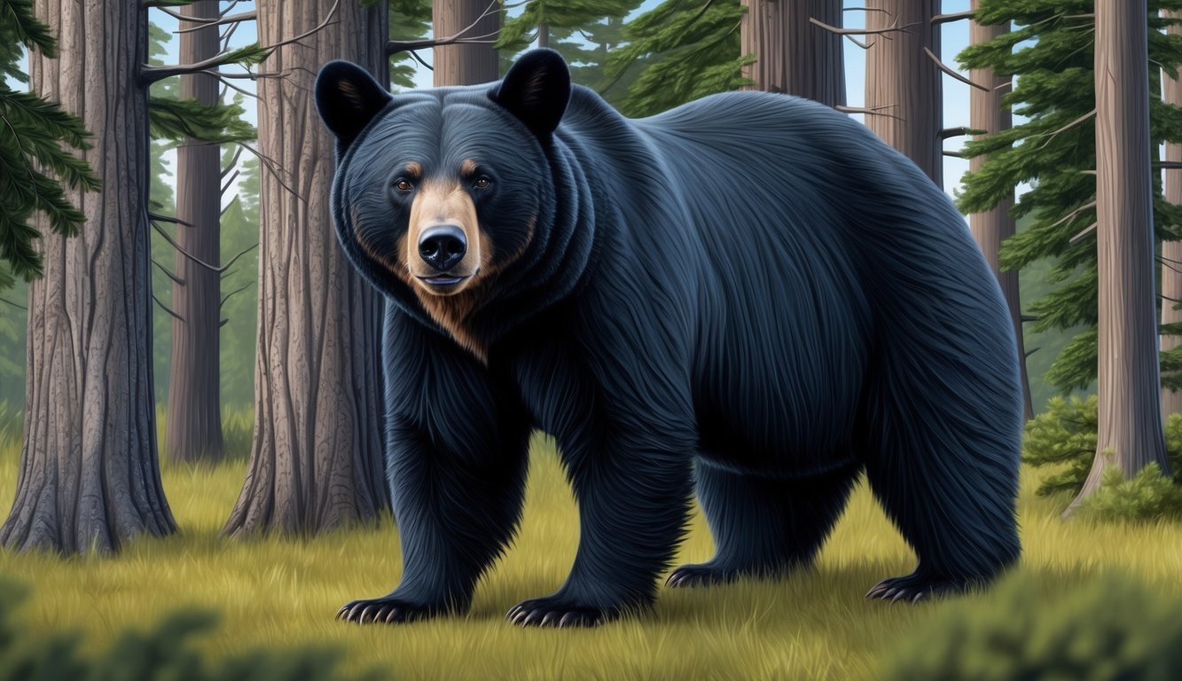 A black bear stands on its hind legs, surrounded by a forest of towering trees.</p><p>Its gaze is intense, exuding a sense of instinct and intuition