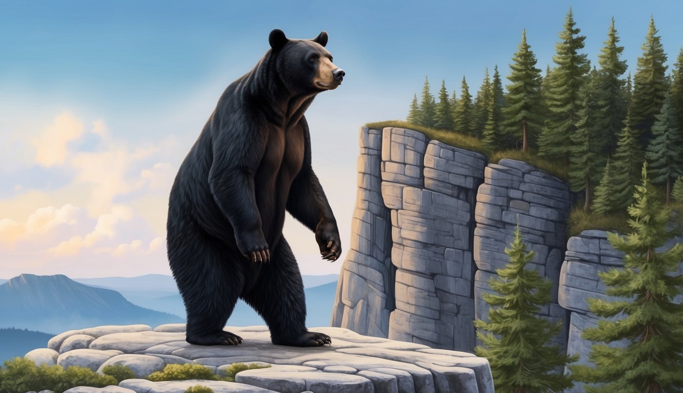 A black bear stands tall on a rocky cliff, gazing fearlessly into the distance, symbolizing resilience and conquering obstacles