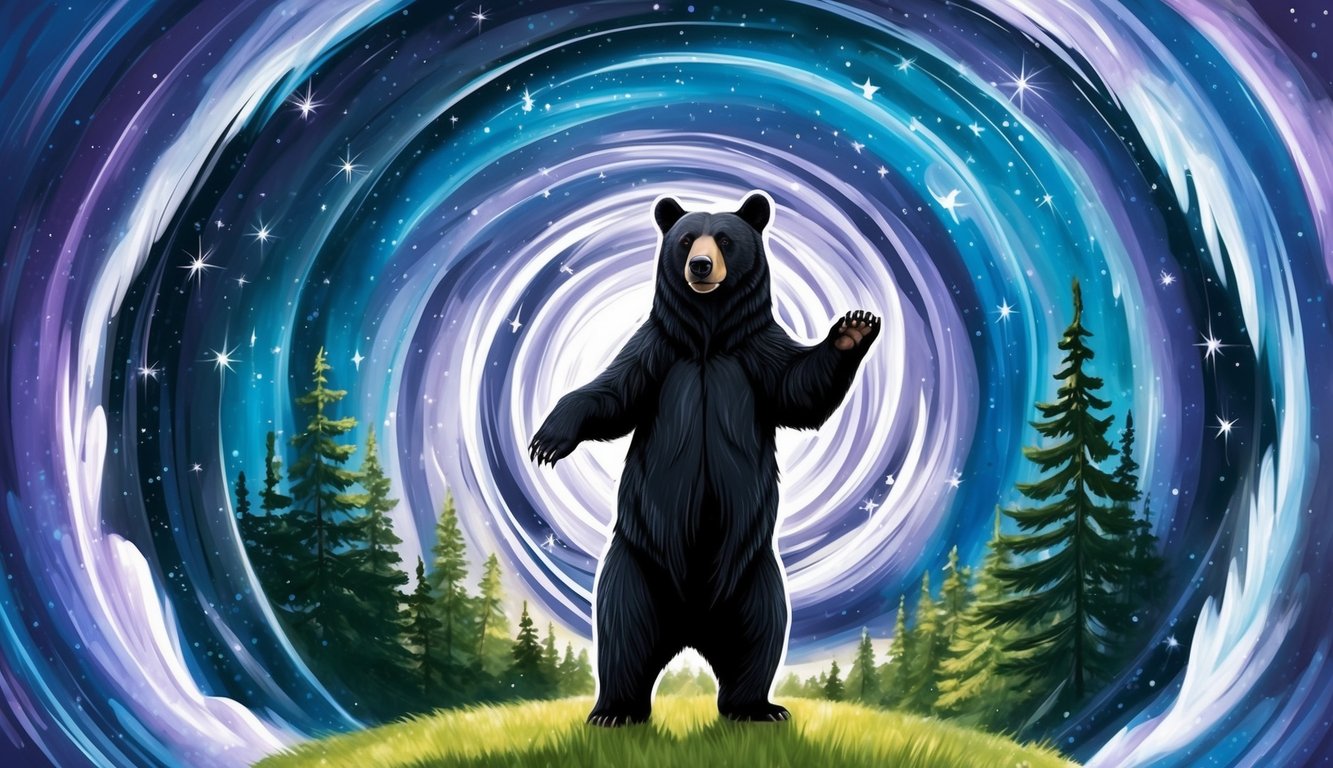 A black bear stands on its hind legs, surrounded by a swirling dreamscape of stars and forest imagery, representing the transformative aspects of dreaming about a black bear