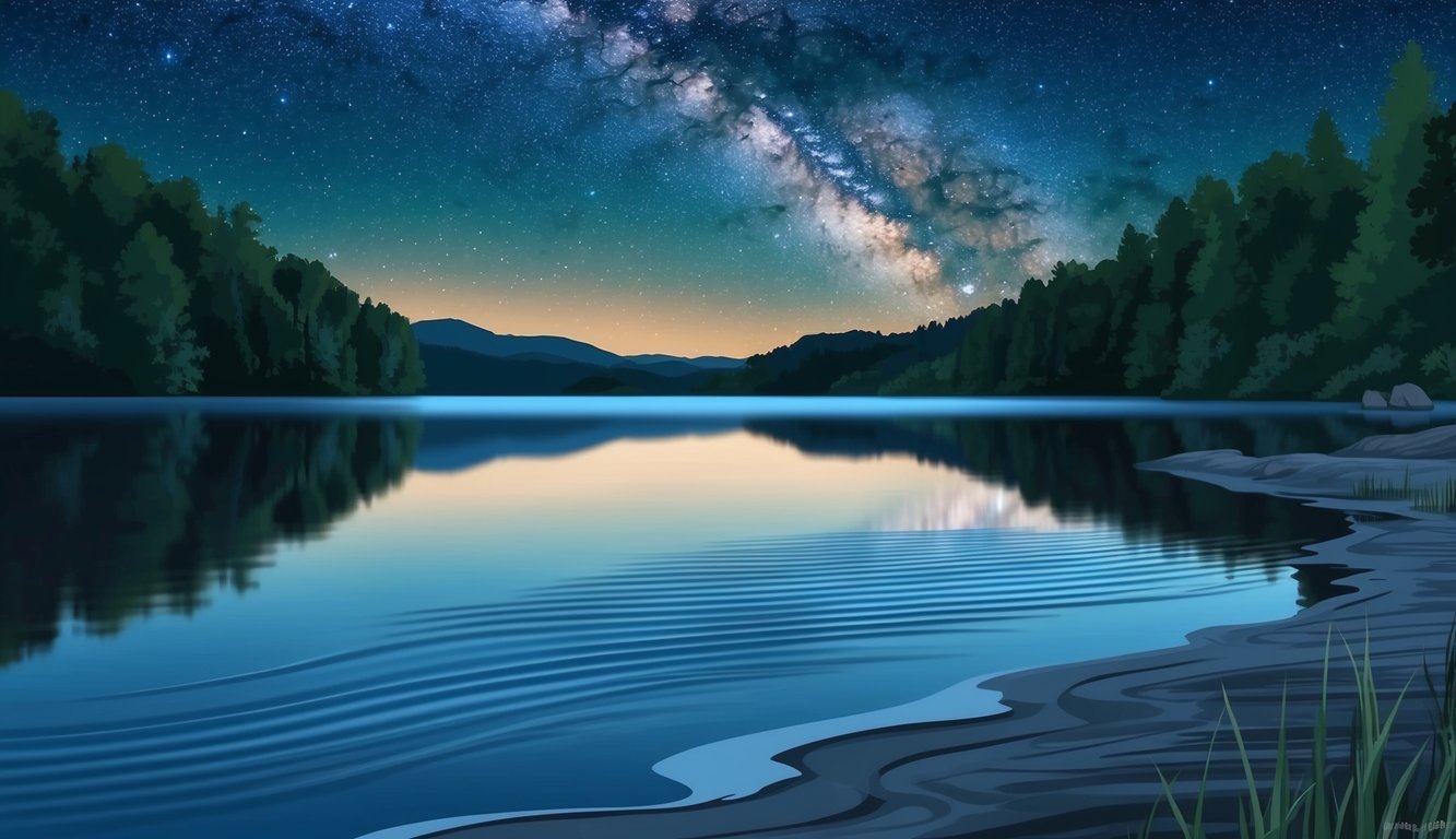 A serene lake reflects a starry night sky, with ripples gently lapping at the shore