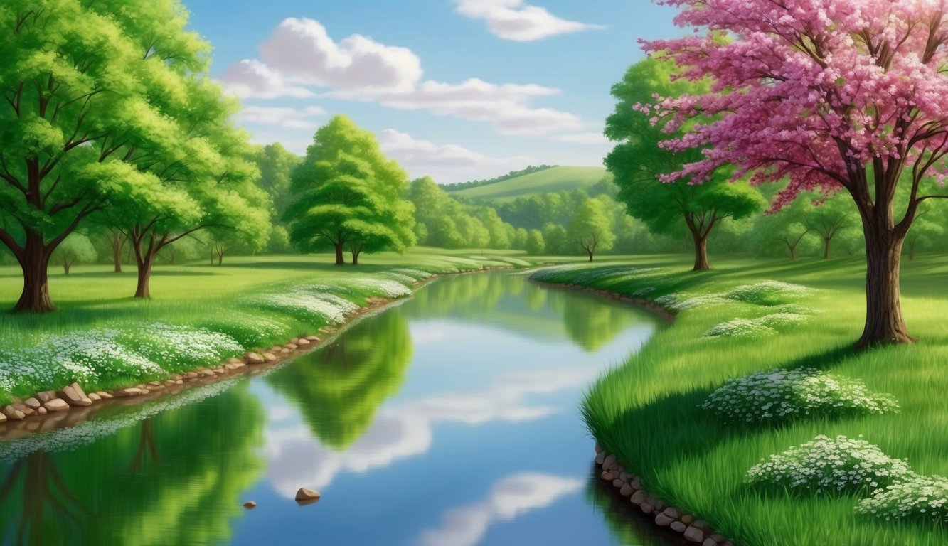 A serene river flowing through a lush, green landscape, reflecting the sky and surrounded by blooming flowers and trees