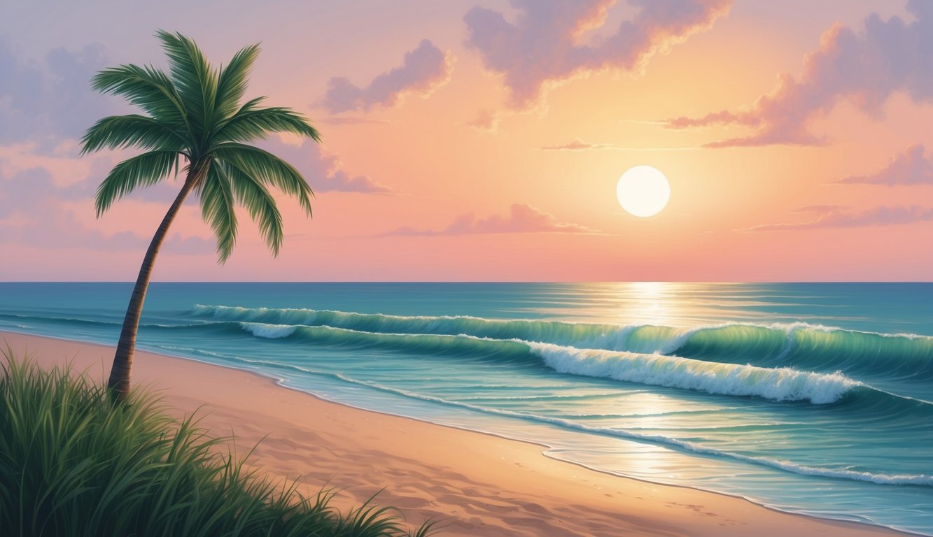 A serene beach at sunset, with gentle waves rolling onto the shore and a lone palm tree swaying in the breeze