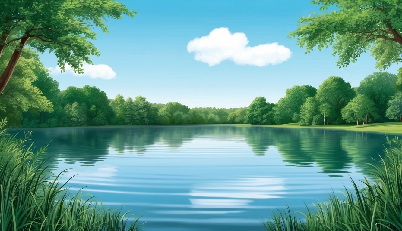 A serene lake surrounded by lush greenery, with a clear blue sky reflecting in the calm water.</p><p>A gentle breeze ripples the surface, creating a peaceful and tranquil atmosphere