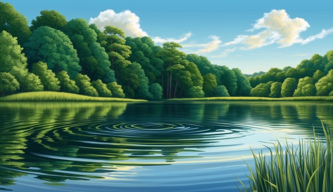 A serene lake surrounded by lush greenery, with ripples on the water's surface reflecting the sky above