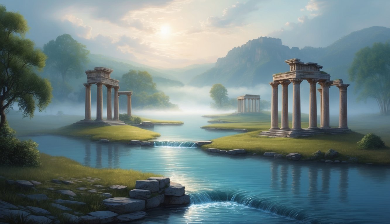 A serene lake surrounded by ancient ruins, with water flowing through a dreamy, misty landscape