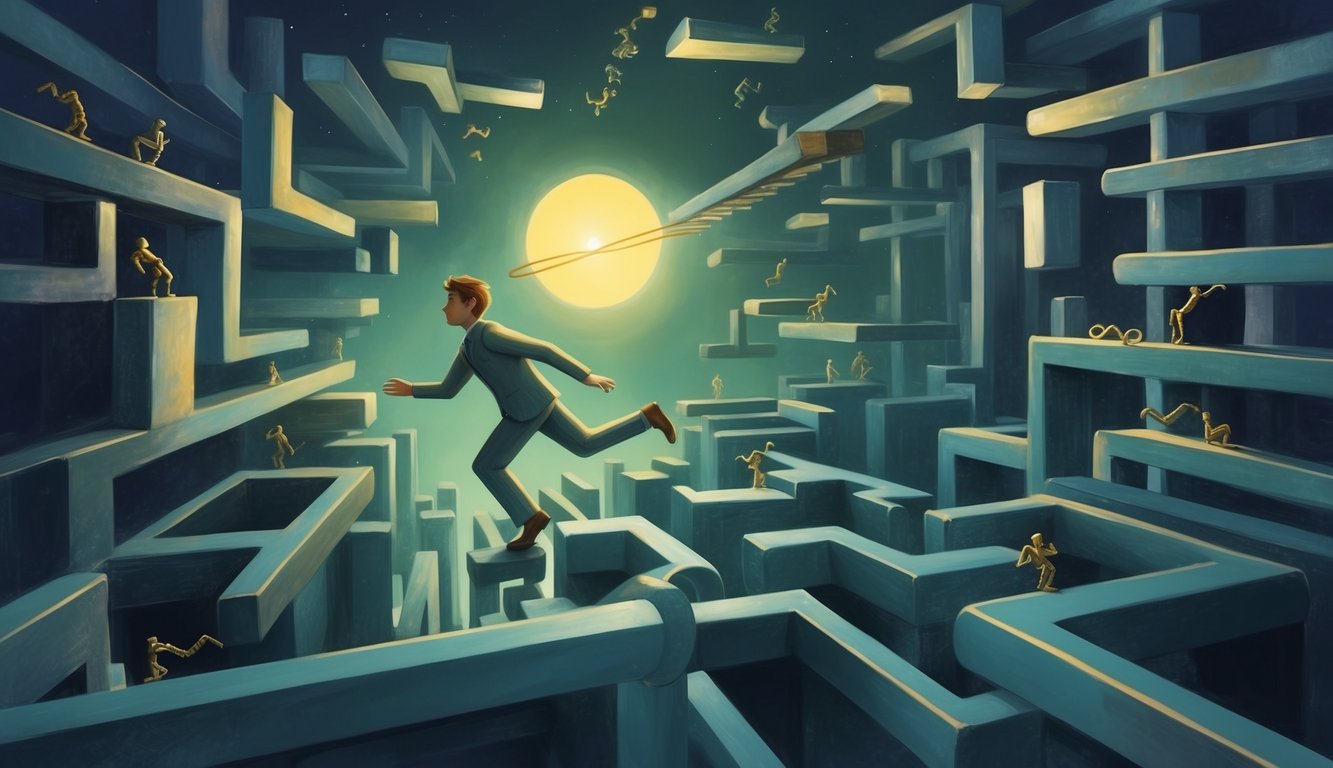 A lone figure navigates through a maze of obstacles, finding creative solutions to escape looming danger in a vivid dream