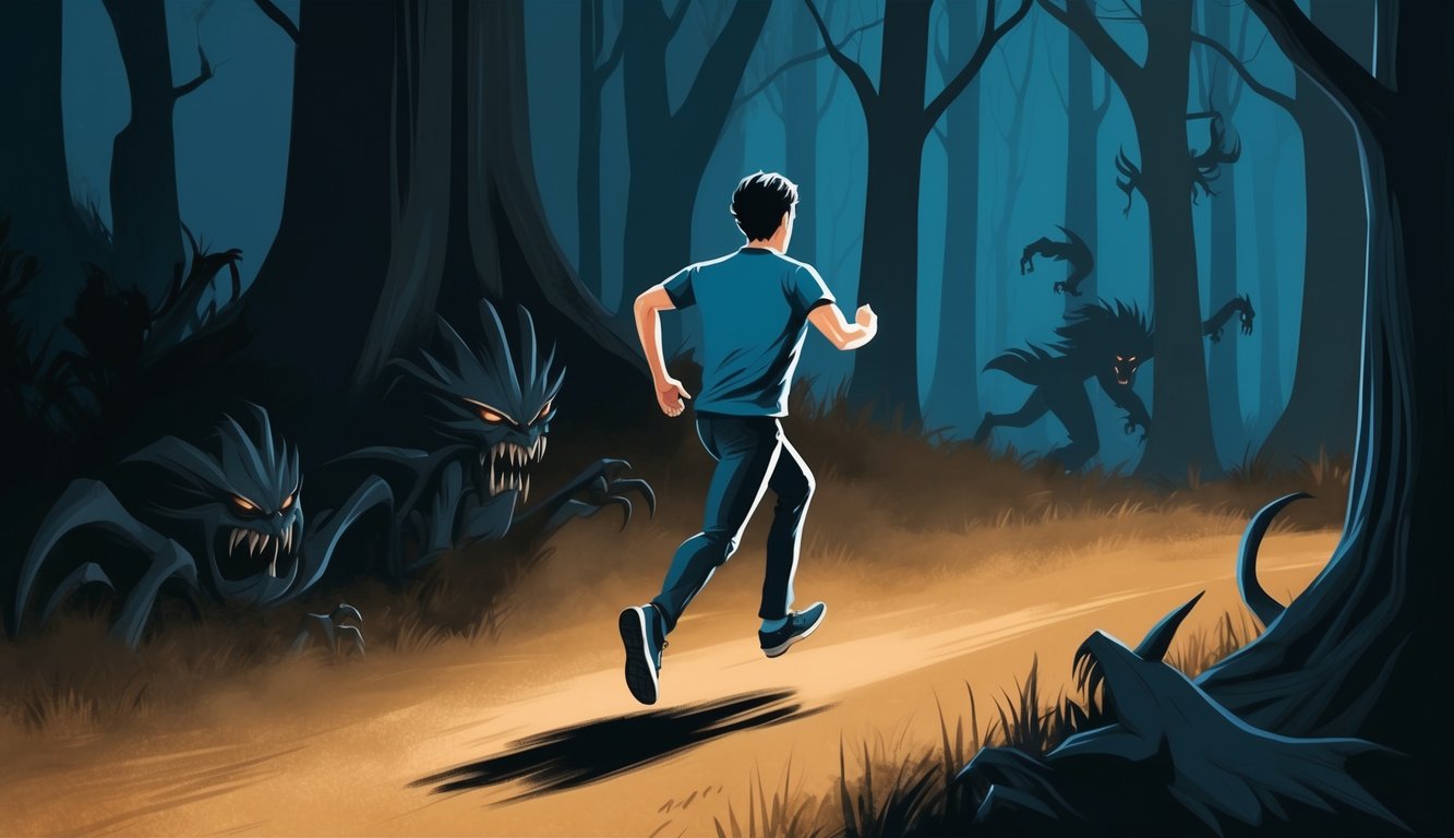 A lone figure running through a dark forest, with looming shadows and menacing creatures lurking in the background