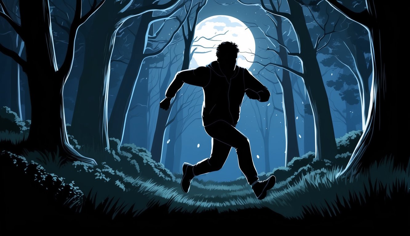 A figure running through a dark forest, with moonlight shining through the trees and a sense of urgency in their movement