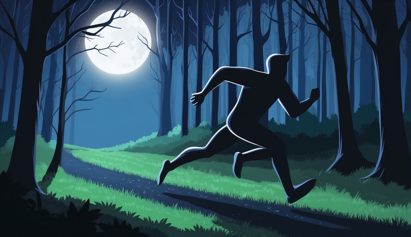 A figure running through a dark forest, with moonlight breaking through the trees, symbolizing the desire to escape danger and find a new path