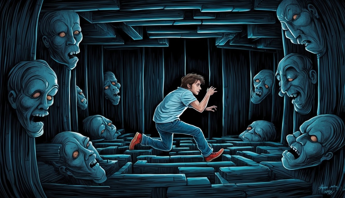 A person trapped in a dark, suffocating maze, surrounded by looming, distorted figures