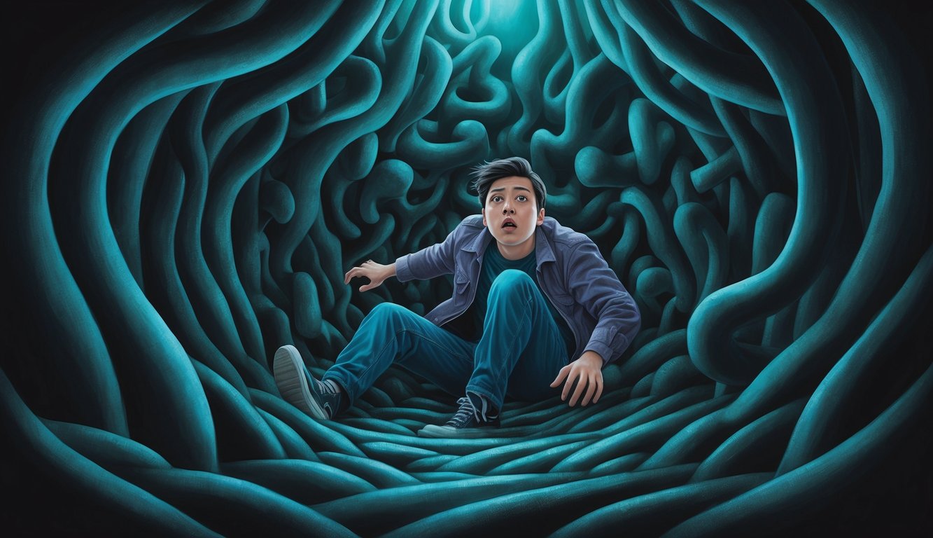 A person trapped in a suffocating maze, surrounded by looming shadows and twisted, contorted shapes