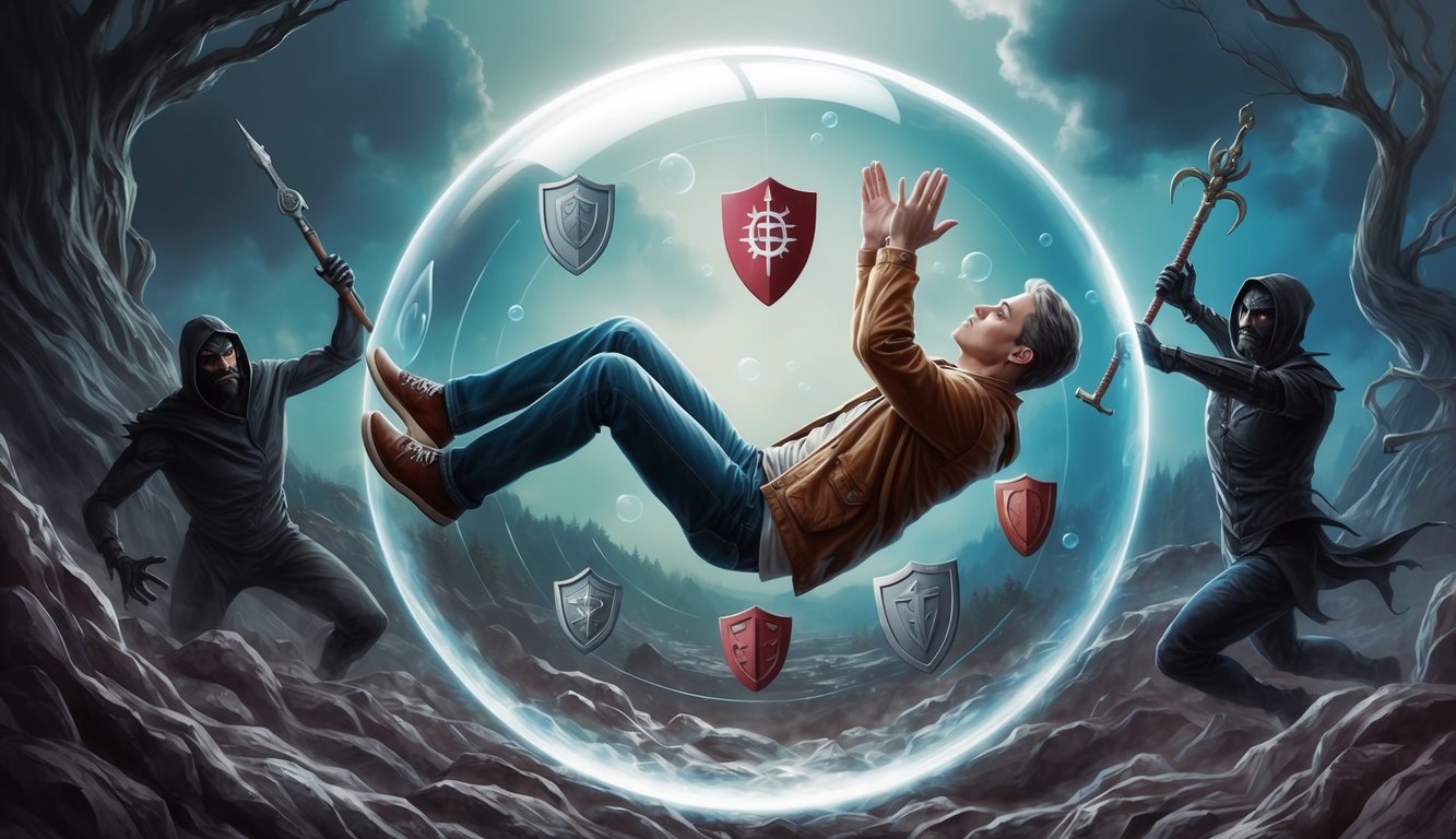 A person floating in a bubble, surrounded by protective symbols and shields, while dark and twisted figures lurk outside