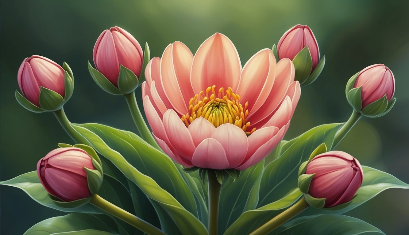 A blooming flower bud surrounded by smaller buds, symbolizing growth and new beginnings