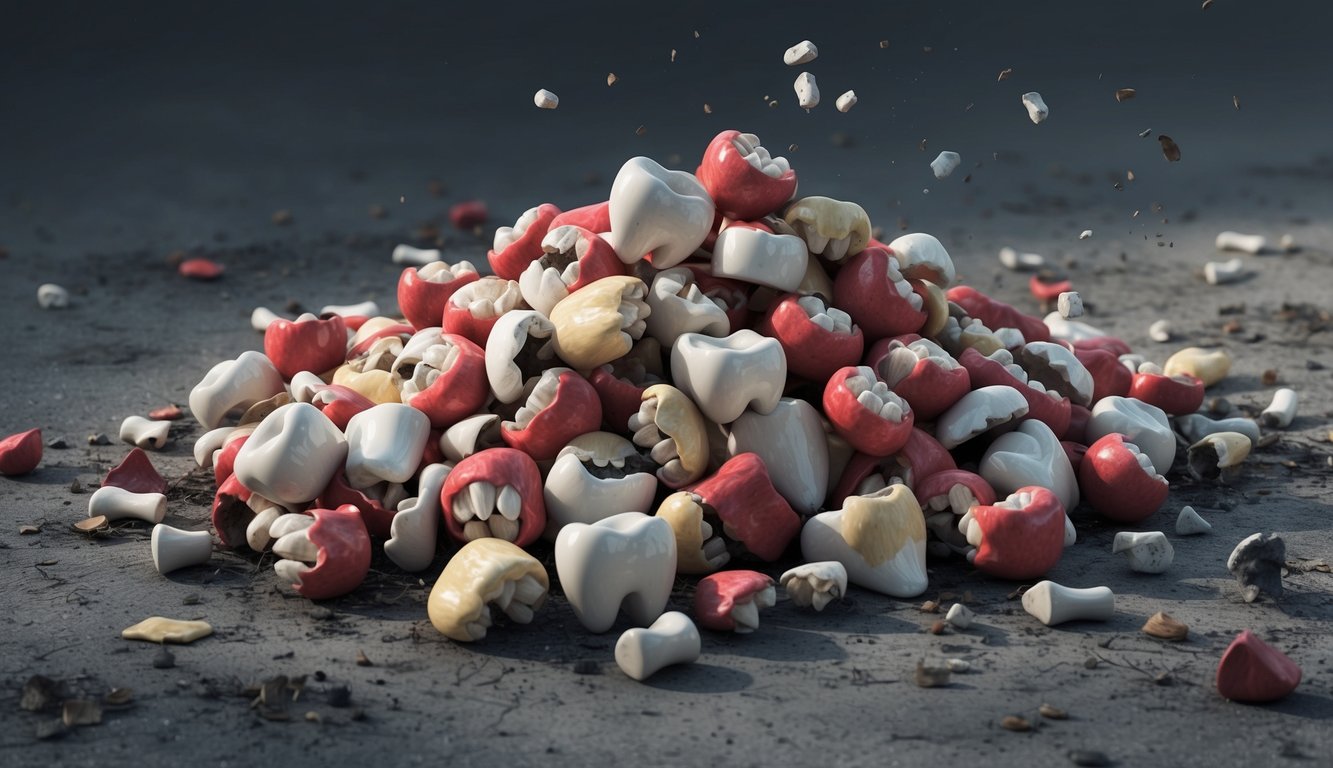 A pile of teeth lies scattered on the ground, some intact and others broken, surrounded by a sense of unease and confusion