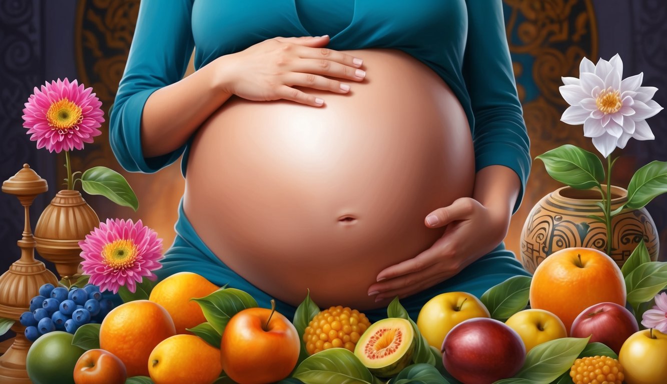 A pregnant belly surrounded by symbols of fertility and growth, such as blooming flowers and ripe fruit, with cultural artifacts in the background