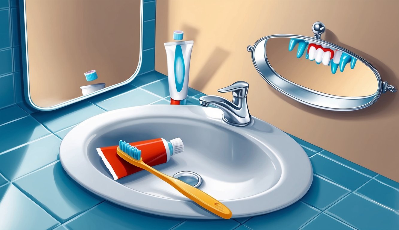 A toothbrush and toothpaste sitting on a bathroom sink, with a mirror reflecting the image of teeth falling out