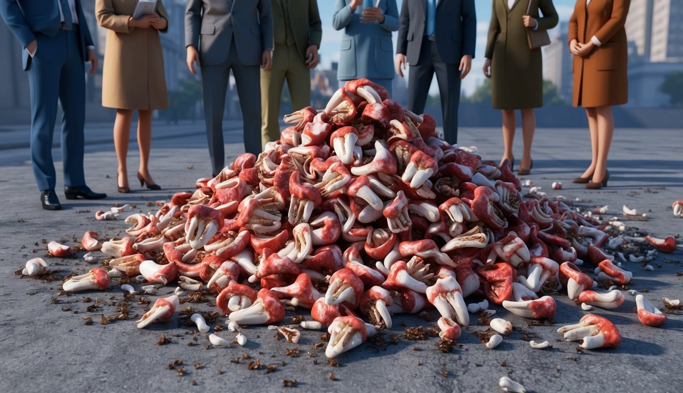 A pile of teeth scattered on the ground, surrounded by concerned onlookers