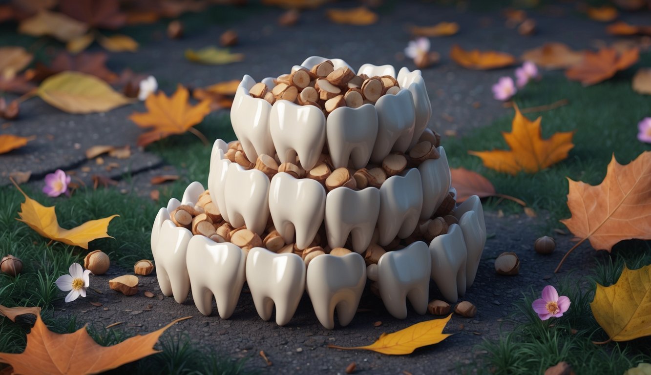 A pile of teeth lies on the ground, surrounded by fallen leaves and blooming flowers, symbolizing the transition and change of life