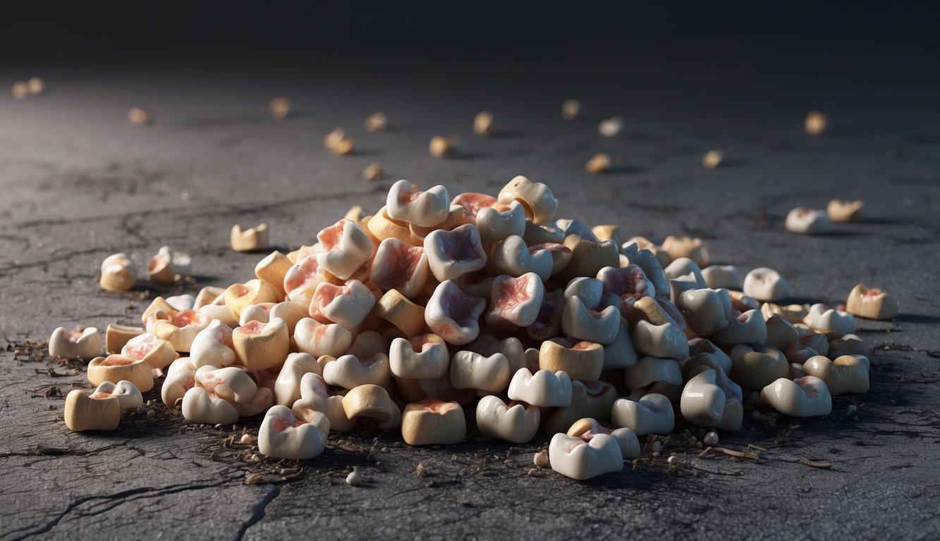 A pile of teeth lies scattered on the ground, surrounded by a sense of unease and confusion