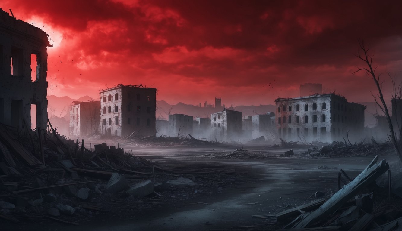 A desolate landscape with crumbling buildings, a blood-red sky, and a sense of impending doom