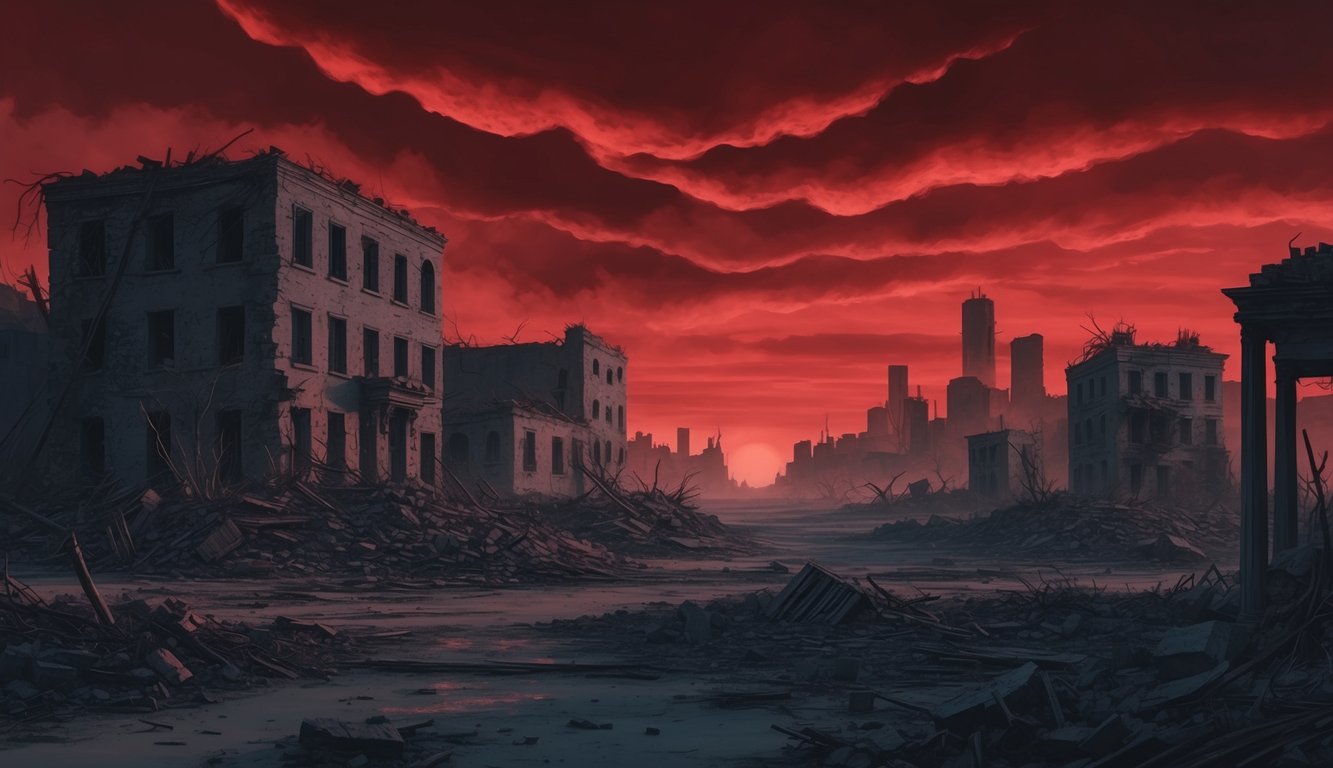 A desolate landscape with crumbling buildings, a blood-red sky, and a sense of impending doom